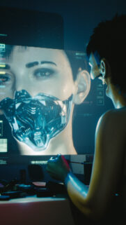 Cyberpunk Girl Applying Makeup with Futuristic Robotic Mask Overlay Mobile Wallpaper