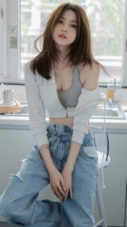 Stunning Asian Girl in Casual Outfit Kitchen Background Mobile Wallpaper