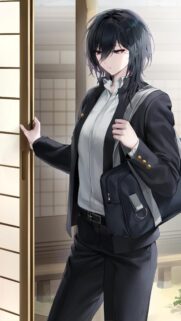 Anime Schoolgirl with Black Hair in Traditional Interior Aesthetic Wallpaper