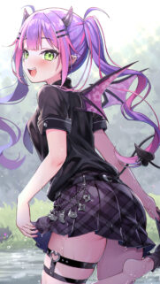 Cute Anime Devil Girl with Purple Hair and Plaid Skirt Mobile Wallpaper