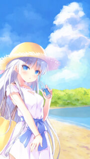 Anime Girl in Summer Beach Outfit with Blue Eyes and Straw Hat Wallpaper