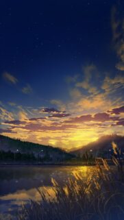 Stunning Anime Sunset Lake Scenery Mobile Wallpaper with Glowing Clouds and Starry Night Sky