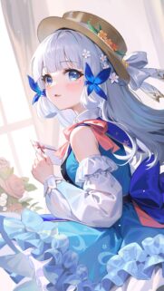 Beautiful Anime Girl with Blue Hair and Straw Hat Phone Wallpaper