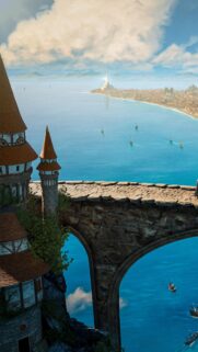 Fantasy Coastal Castle with Stone Bridge Overlooking a Sparkling Blue Sea Wallpaper