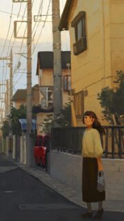 Anime Girl Walking on Sunny Japanese Street Aesthetic Wallpaper