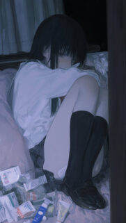 Melancholic Anime Girl Sitting Alone in Dark Room Wallpaper