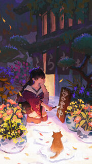 Anime Girl Painting Sign Beside Orange Cat Aesthetic Wallpaper