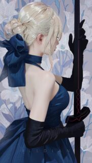 Elegant Blonde Anime Girl in Blue Dress with Sword Mobile Wallpaper