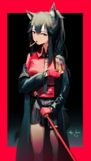 Anime Wolf Girl with Katana and Red Aesthetic Wallpaper