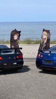 Anime Girls with Nissan GT R Sports Cars Beachside Wallpaper