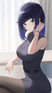 Stunning Anime Girl with Short Blue Hair in Business Attire Mobile Wallpaper