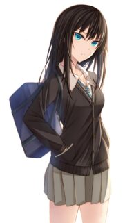 Anime School Girl with Striking Blue Eyes and Uniform Wallpaper for Mobile