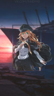 Anime Military Girl Wallpaper with Sunset Ship Background for Mobile