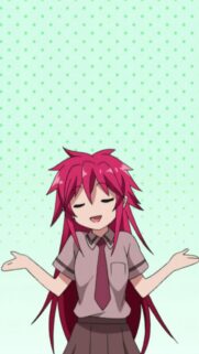 Cute Anime Girl with Red Hair on Mint Polka Dot Background Wallpaper