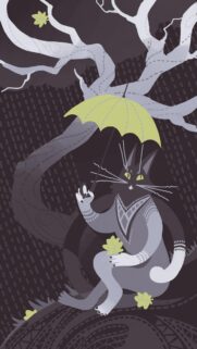 Whimsical Black Cat with Yellow Umbrella Vector Illustration Wallpaper