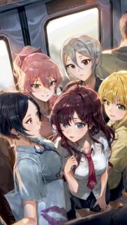 Group of Beautiful Anime Schoolgirls Traveling on a Train Wallpaper