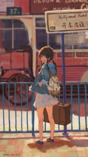 Anime Girl Waiting at Hollywood Road Street Sign Digital Art Wallpaper