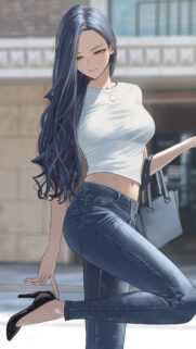 Stunning Anime Girl with Long Dark Hair in Stylish Casual Outfit Wallpaper for Mobile