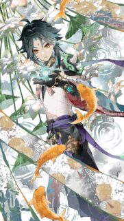 Xiao Genshin Impact Aesthetic Art Wallpaper with Golden Koi Fish and Lotus Flowers