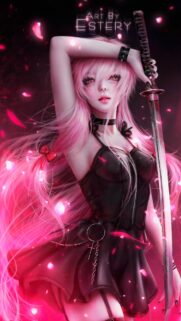 Stunning Pink-Haired Anime Warrior Girl with Katana Wallpaper for Mobile