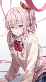 Beautiful Anime Girl with Pink Hair and Ribbon Aesthetic Mobile Wallpaper