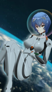 Rei Ayanami Space Suit Floating Above Earth High Resolution Wallpaper