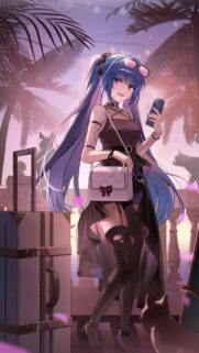 Anime Girl Summer Vacation Travel Wallpaper with Tropical Sunset Vibes