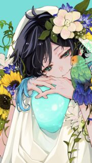 Venti Genshin Impact Aesthetic Anime Art with Flowers and Parrot Wallpaper