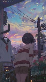 Anime Girl Watching Sunset Over Urban Cityscape Wallpaper