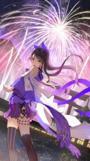 Anime Girl With Fireworks at Japanese Temple Festival High Quality Wallpaper