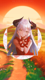 Anime Demon Girl in Red Dress with Horns Mobile Wallpaper