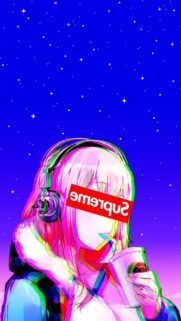Aesthetic Anime Girl with Headphones and Coffee Glitch Art Mobile Wallpaper