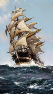 Majestic Tall Ship Sailing on Rough Sea Oil Painting Wallpaper