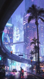 Futuristic Cyberpunk Cityscape with Neon Lights and Palm Trees Mobile Wallpaper