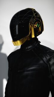 Futuristic Daft Punk Inspired Gold and Black Robot Helmet Wallpaper