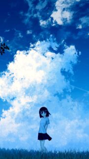 Anime Girl Standing in a Beautiful Blue Sky Field Wallpaper for Mobile