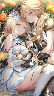 Genshin Impact Aether and Lumine Resting in a Flower Field Wallpaper