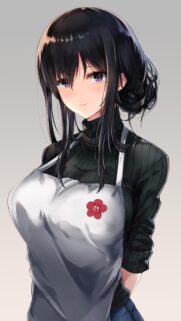 Beautiful Anime Girl in Black Turtleneck and White Apron Wallpaper for Mobile