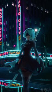 2B Nier Automata Neon Radio City Night Wallpaper for Mobile
