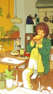 Cozy Anime Girl Eating Buttered Toast in Sunlit Kitchen Wallpaper