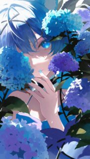 Anime Girl with Blue Hydrangeas Aesthetic High Definition Mobile Wallpaper