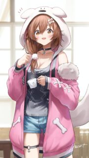 Cute Anime Girl in Pink Dog Hoodie Holding Coffee Cup Mobile Wallpaper