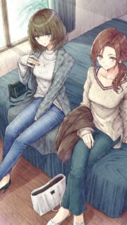 Anime Girls Sitting on Bed Fashionable Casual Style Mobile Wallpaper