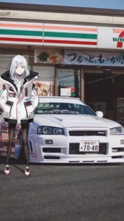 Anime Girl with White Nissan Skyline R34 at Convenience Store Mobile Wallpaper