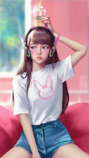Cute D.Va Overwatch Fan Art Anime Girl with Pink Aesthetic Mobile Wallpaper
