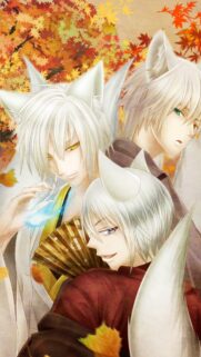 Anime Fox Spirit Trio Autumn Leaves Wallpaper for Mobile