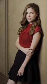 Anna Kendrick Elegant Red Top and Black Skirt Portrait Mobile Wallpaper