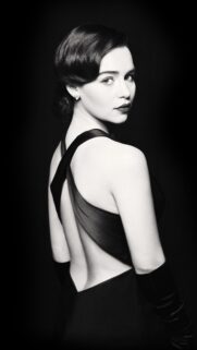 Stunning Black and White Portrait of Emilia Clarke in an Elegant Evening Dress Mobile Wallpaper