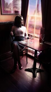 Elegant Woman in Paris Cafe Wallpaper with Eiffel Tower View