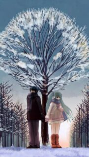 Anime Couple Holding Hands in Snowy Winter Forest Wallpaper